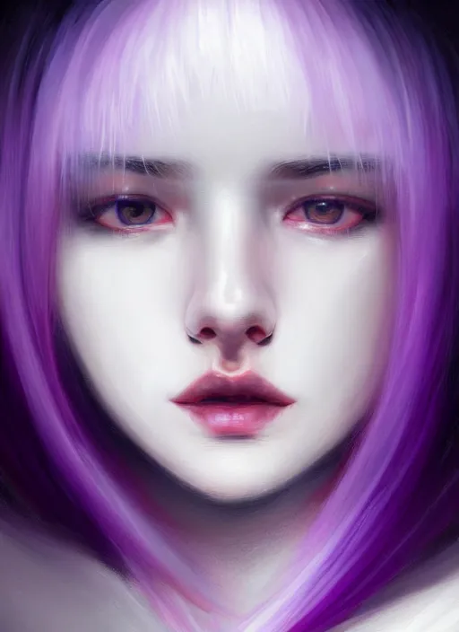 Image similar to hair whitebangs hair, black hair, whitebangs, portrait of teenage girl with white bangs, red irises, purple clothes, white bangs, bangs are different color from hair, intricate, elegant, glowing lights, highly detailed, digital painting, artstation, concept art, smooth, sharp focus, illustration, art by wlop, mars ravelo and greg rutkowski