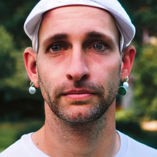 Prompt: color photograph of a 40 year old white Jewish Israeli skinny man with short, curly, blond hair and very small blue eyes, dressed in a white t shirt, gray shorts and a gray cabby cap, with a small mole to the right of his very thin lips, with a straight nose and blond stubble, with a round face, and an earring in the left ear.