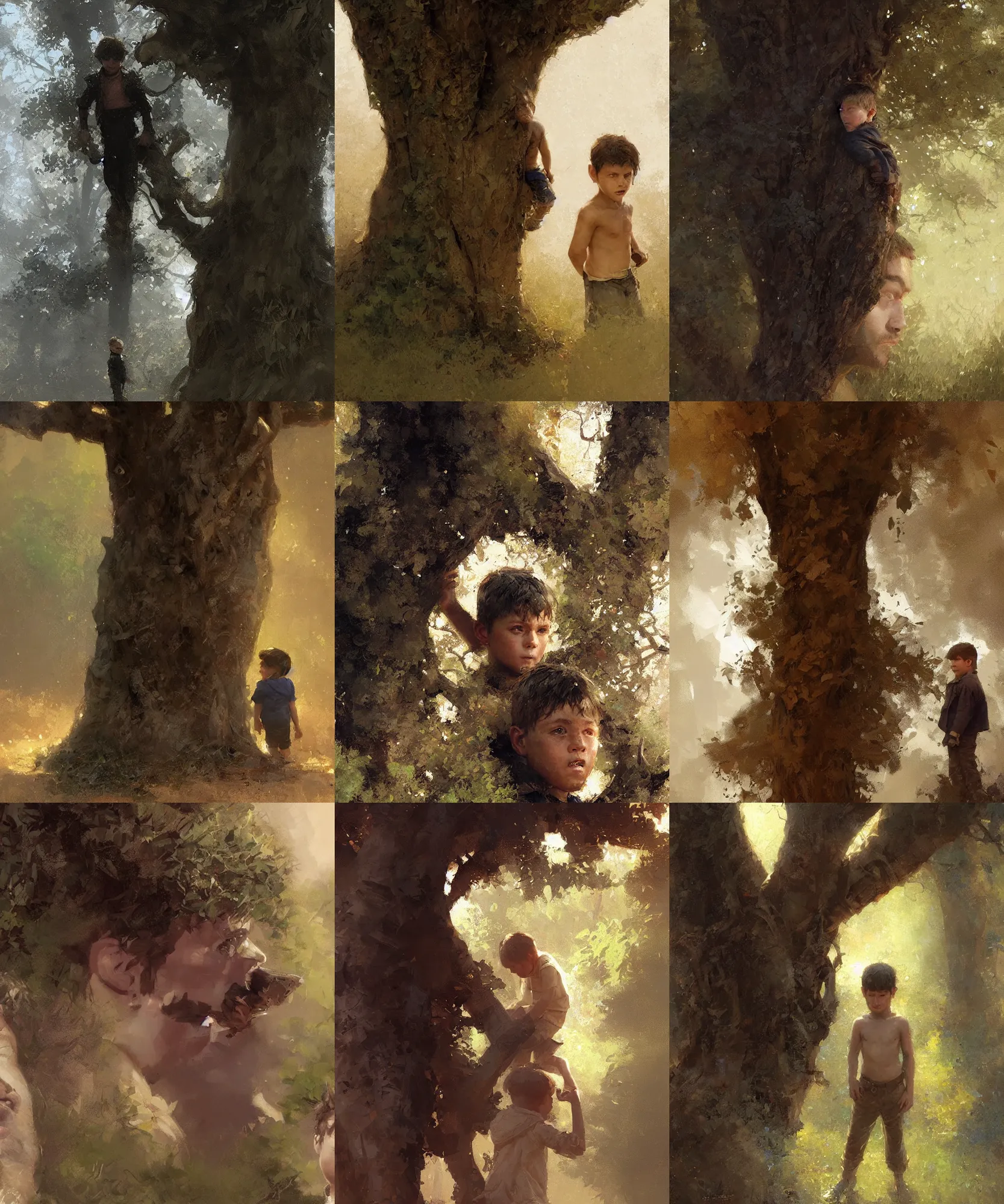 Prompt: digital art painting of a young boy hiding behind a tree from his violent dad by craig mullins and gaston bussiere and greg rutkowski, symmetrical face, defined facial features, symmetrical facial features, dramatic lighting, close up