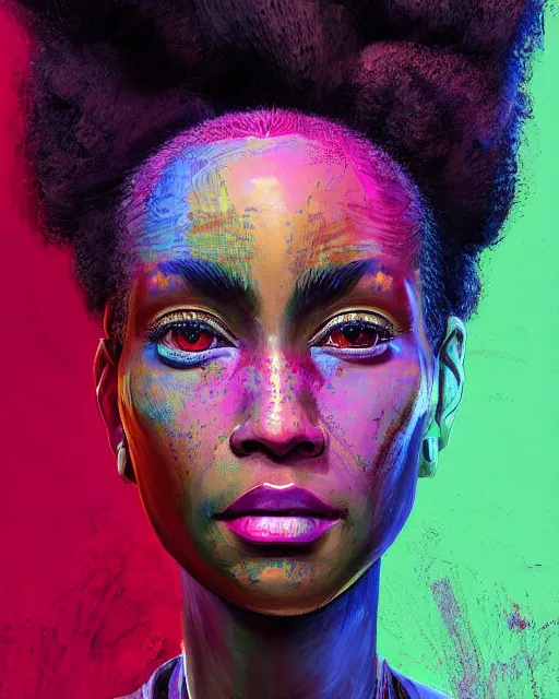 Image similar to colorful character portrait of a black female hippie with natural hair, set in the future 2 1 5 0 | highly detailed face | very intricate | symmetrical | cinematic lighting | award - winning | painted by mandy jurgens | pan futurism, dystopian, bold colors, cyberpunk, groovy 1 9 6 0 s 1 9 7 0 s vibe, anime aesthestic | featured on artstation