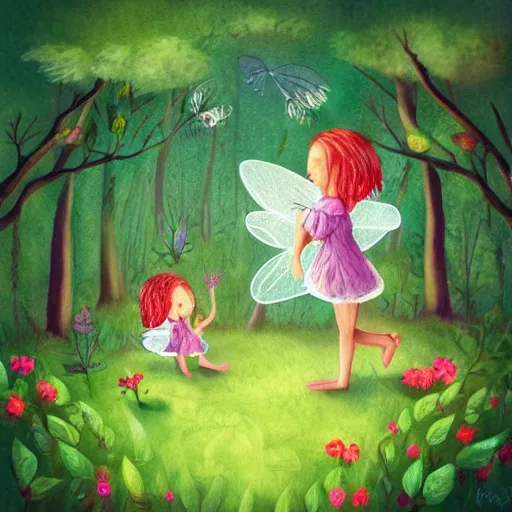 Image similar to tiny fairies playing hide and seek in a beautiful forest, green, colourful, playful, fine art, illustration