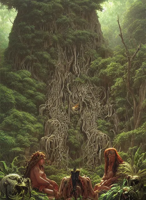 Prompt: a shaman sitting in the jungle, with giant faces of ancestors behind him, hyper detailed, art by christophe vacher