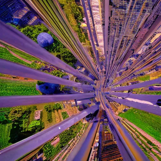 Image similar to pov, flying feet - first along the boundary of the skybox, towards dusty gilded bronze flower metropolis, beautiful saturation, weak zoom blur, gradient aperture, warm dappled lighting, global illumination