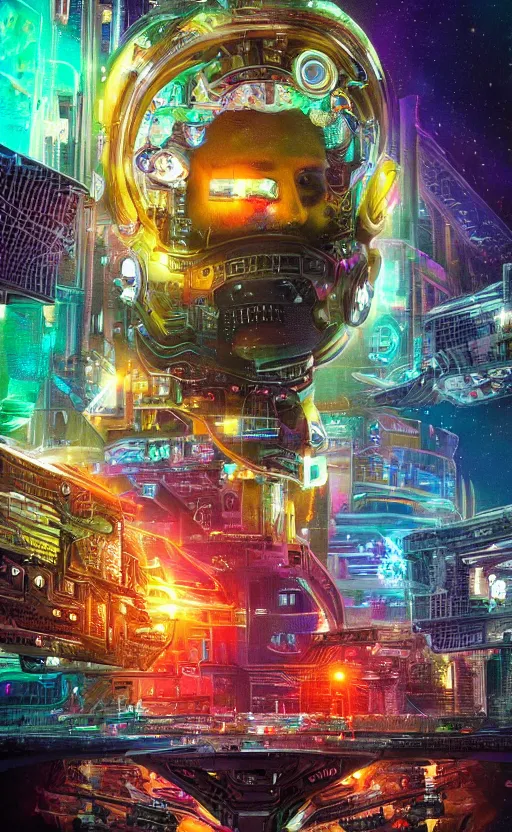 Image similar to a portrait of a hi-tech sci-fi cyberpunk spaseship of epic proportions and intricate detail, with a lot of bright color diodes, in deep space, photography, color, very detailed, realistic