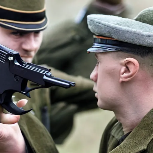 Image similar to Silenced Walther PPK being aimed at a surprised russian guards head