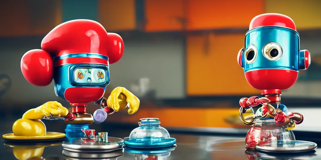 Image similar to closeup portrait of tin toy retro robot chef mixing colourful lab vials cooking pastry in a kitchen, depth of field, zeiss lens, detailed, centered, fashion photoshoot, by nicoletta ceccoli, mark ryden, lostfish, breathtaking, 8 k resolution, extremely detailed, beautiful, establishing shot, artistic, hyperrealistic, octane render