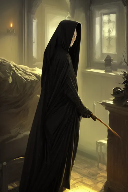 Prompt: death in black robes, waking up from the bed , sunrise coloring the room,fantasy, intricate, elegant, highly detailed, digital painting, artstation, concept art, smooth, sharp focus, illustration, art by Ilja Repin