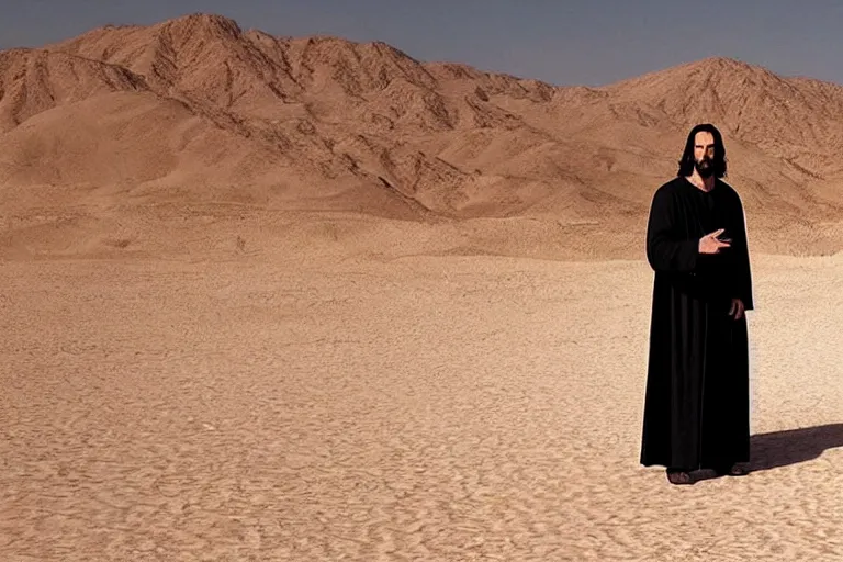 Prompt: promotional image of Keanu Reeves as Jesus Christ in the new movie directed by Christopher Nolan, wearing robes and holding a book, walking through the desert, movie still, promotional image, imax 70 mm footage