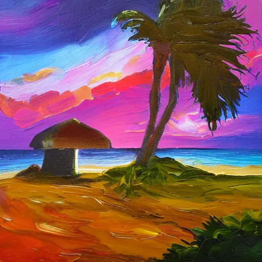 Image similar to a very very small island! woman!!! fireplace!! palm trees, dark very late evening cloudy sunset, dramatic and dynamic lighting, thick brush strokes oil impasto painting