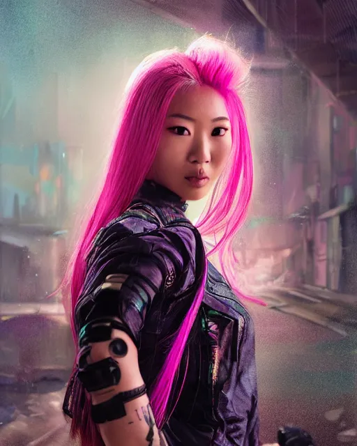 Image similar to portrait of a beautiful asian woman with pink hair as a cyberpunk cyborg, sci - fi, missing panels, intricate abstract upper body intricate artwork, concept art, octane render, deviantart, cinematic, key art, hyperrealism, iridescent accents, portrait photograph, nikon 3 5 mm, photograph by annie leibovitz and steve mccurry, greg rutkowski