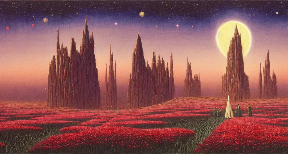 Image similar to a beautiful painting of a large walking castle in a field of flowers by moebius, underneath a star filled night sky, harold newton, zdzislaw beksinski, donato giancola, warm coloured, gigantic pillars and flowers, maschinen krieger, beeple, star trek, star wars, ilm, atmospheric perspective