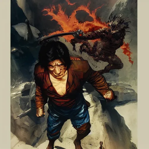 Image similar to cinematic portrait of Jackie Chan fighting the deep state by greg rutkowski and frank frazetta and peter mohrbacher and marc silvestri