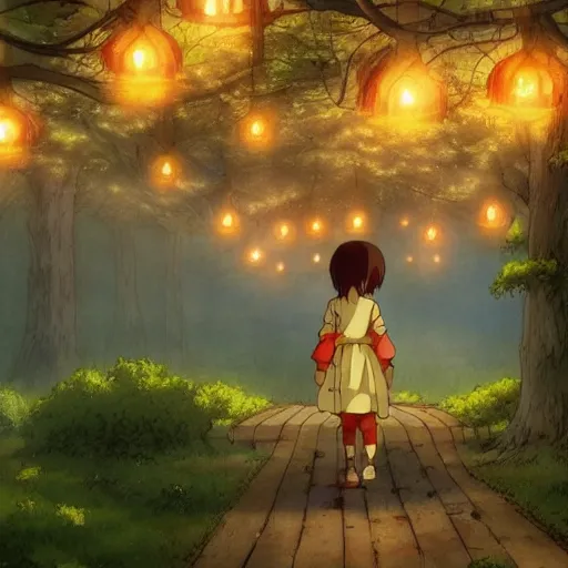 Prompt: anime, incredible wide screenshot, ultrawide, realist proportions, paper texture, intricate, very detailed, studio ghibli movie scene, girl in a dress, beautiful forest village, lanterns, wood bridge, huts, night!!, fireflies!!, fog