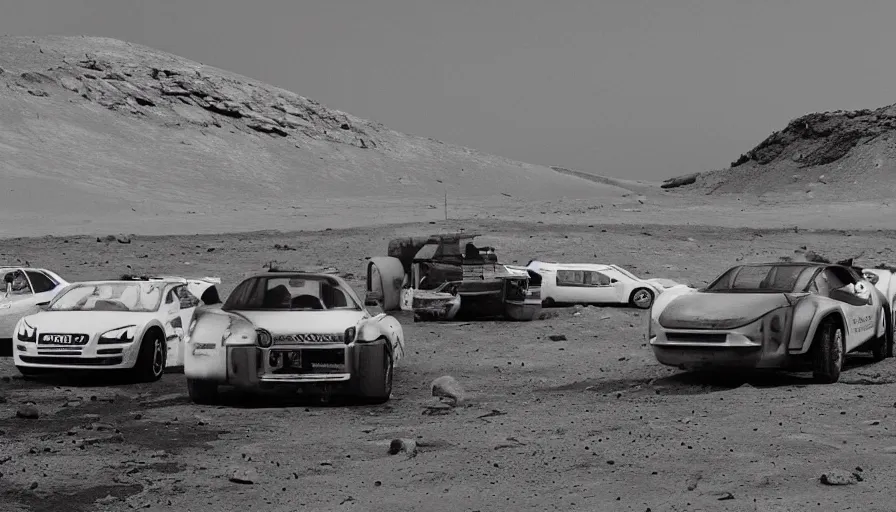 Image similar to a group of audi cars on the moon, wide angle shot