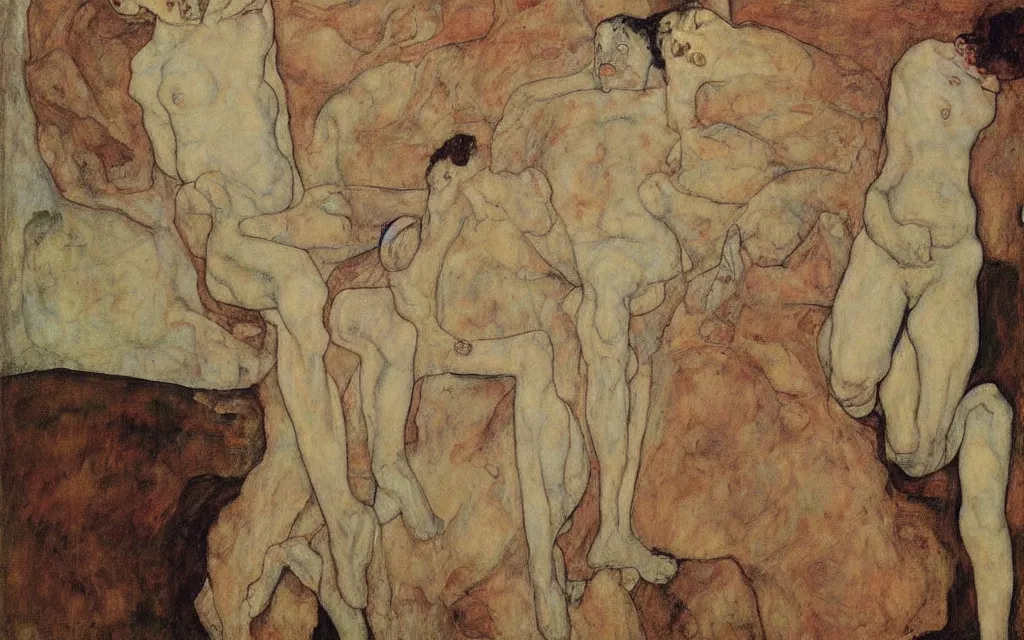 Image similar to a painting by egon schiele with influence of zdzisław beksinski, alfred kubin, oskar kokoschka, and egon schiele