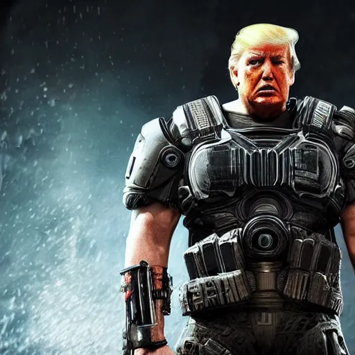 Image similar to Photo portrait of Donald Trump as ((the punisher)) in Gears of War, splash art, movie still, detailed face, photorealistic facial features, cinematic lighting, dramatic, octane render, long lens, shallow depth of field, bokeh, anamorphic lens flare, 8k, hyper detailed, 35mm film grain