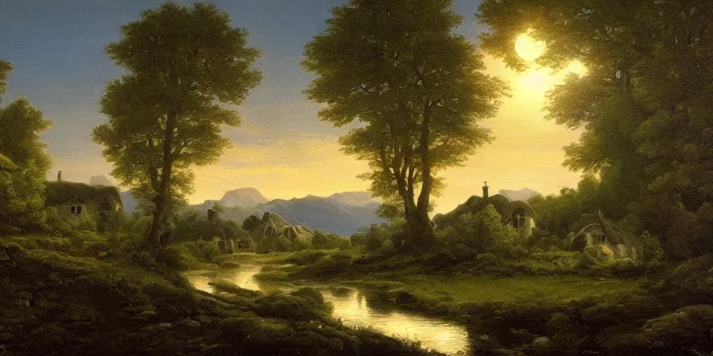 Prompt: a beautiful landscape painting of a cottage by a river in a valley, night time moonlight, by john glover, oil on canvas, highly detailed, hd, 4 k