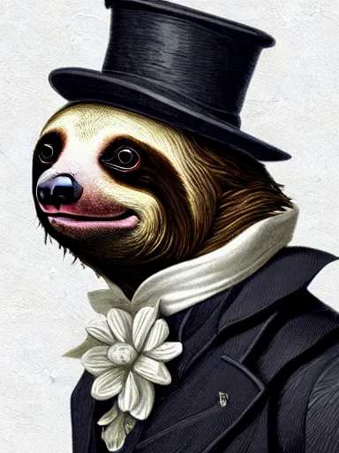 Image similar to portrait of a sloth wearing a victorian suit, regal, debonair, stylish, flowerpunk, rococo, baroque, academicism, digital art, concept art, character design, illustration, award - winning, highly detailed