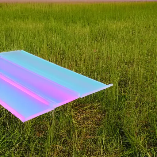 Image similar to a pastel coloured Polaroid photo of a minimalist sunbed made of transparent iridescent perspex stood in a field, beams of light, nostalgic