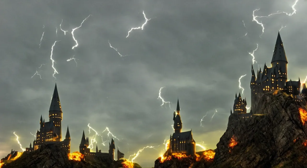 Image similar to slytherin harry potter flying with his wand forward. hogwarts castle and lightning strikes in the background. bad weather