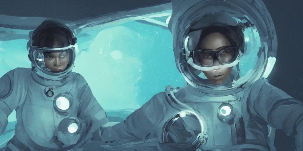 Prompt: Zoe Kravitz with short hair as a retro astronaut, helmet with led lights, alone underwater in the ocean at night, clear water, glowing bubbles, volumetric lighting, glowing lights, 4k, octane, unreal engine, digital painting, artstation, concept art, high contrast, high saturation , cinematic film still, sharp focus, illustration, art by Christopher Nolan and artgerm and greg rutkowski and alphonse mucha , wide angle view, full body