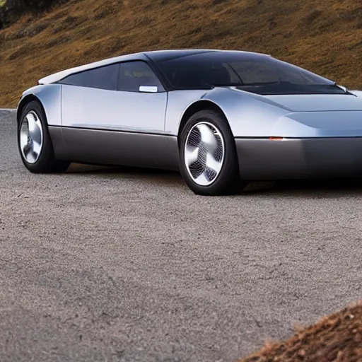 Image similar to a 1 9 9 0 v 8 sport car designed by tesla, outdoor magazine, ambient light, fog
