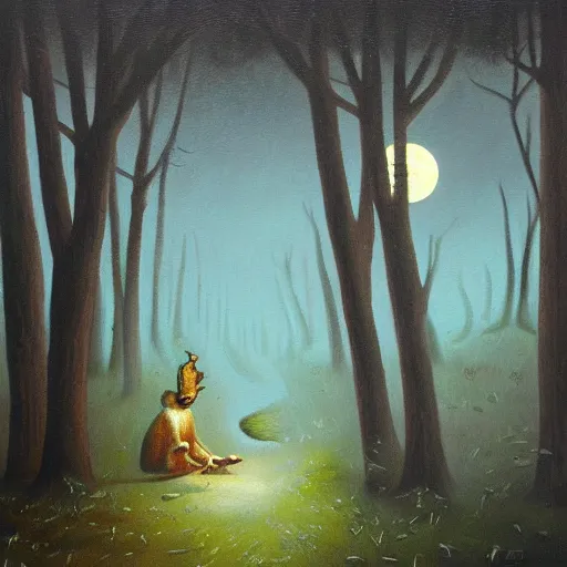 Image similar to surreal oil painting of folk legend creature in the forest, dim light, artistic moon