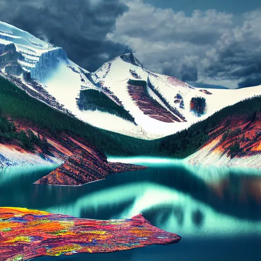 Prompt: beautiful alien lake, mountain, glacier national park, exotic, colorful, 8 k render, octane render