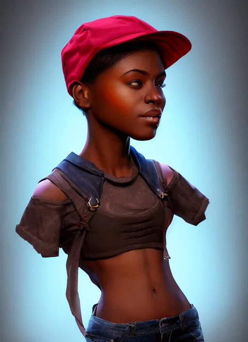 Image similar to An epic fantasy comic book style portrait painting of a young dark skinned girl with short hair wearing fantasy clothes dressed as a boy and wearing newsboy cap, unreal 5, DAZ, hyperrealistic, octane render, cosplay, RPG portrait, dynamic lighting