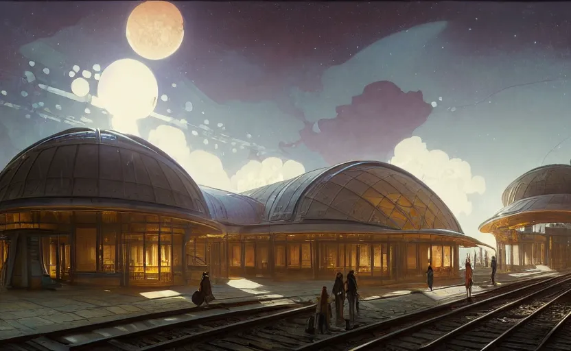 Image similar to exterior shot of utopian train station on the edge of the space with cinematic lighting by renzo piano, darek zabrocki and greg ruthkowski, alphonse mucha, simon stalenhag, cinematic, holy place, paradise, scifi, futurism, atmospheric, concept art, artstation, trending on artstation