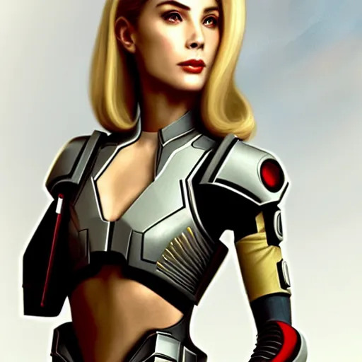 Image similar to A combination of Grace Kelly's and Ada Wong's and Ashley Greene's appearances with blonde hair wearing Forerunner armor from Halo, high tech, action shot, angular, full body portrait, futuristic, dramatic, fantasy, intricate, elegant, highly detailed, artstation, matte, sharp focus, 8K, art by Artgerm and Greg Rutkowski and Alphonse Mucha