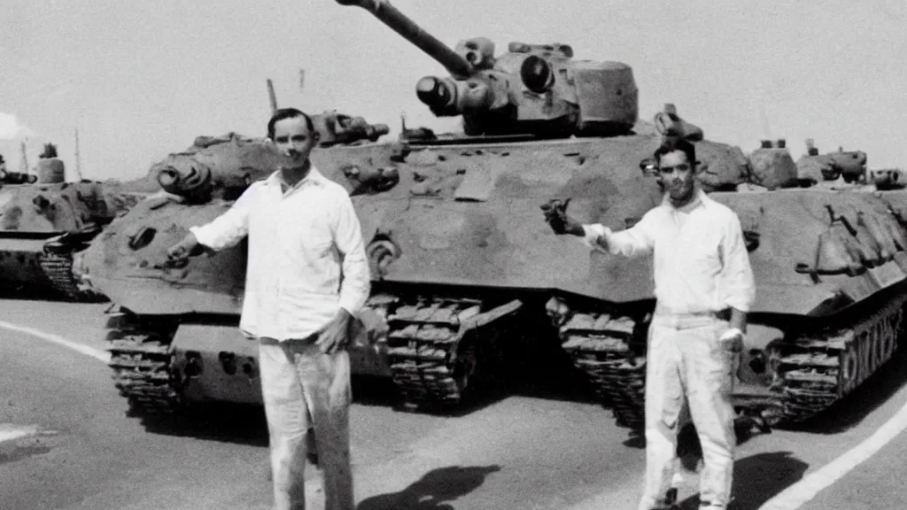 Image similar to old historic photograph of a single person in white shirt, holding white grocery bags, standing on the road facing four battle tanks approaching him