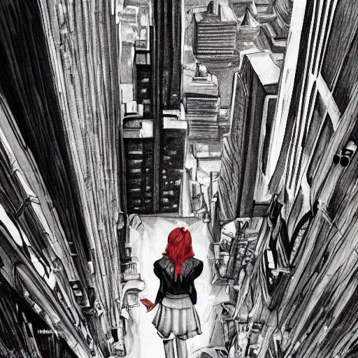 Image similar to woman, city, looking down, street top view, by rossdraws, enoch bolles