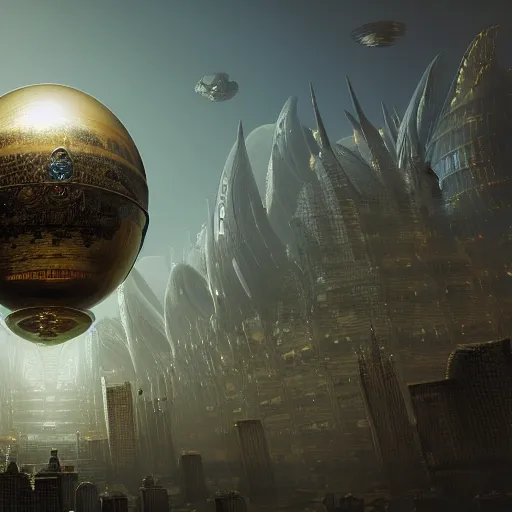 Image similar to enormous flying city in a faberge egg, sky, steampunk, fantasy art, masterpiece, hugh ferriss, octane render, peder balke