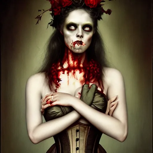 Prompt: by Tom Bagshaw, ultra realist soft painting of a carnival curiosities, beautiful single female zombie in a corset, symmetry accurate features, very intricate details, focus, curvy, award winning, ultra dense fog