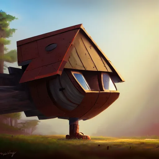 Image similar to a walking wood and metal house with two legs and one big eye, rust, hyperrealistic, highly detailed, cinematic, single ray of sun, morning, pareidolia, gravity falls style, beautiful, cgssociety, artstation, 8 k, oil painting, digital art