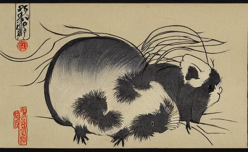 Prompt: ink drawing by hokusai of a guinea pig.