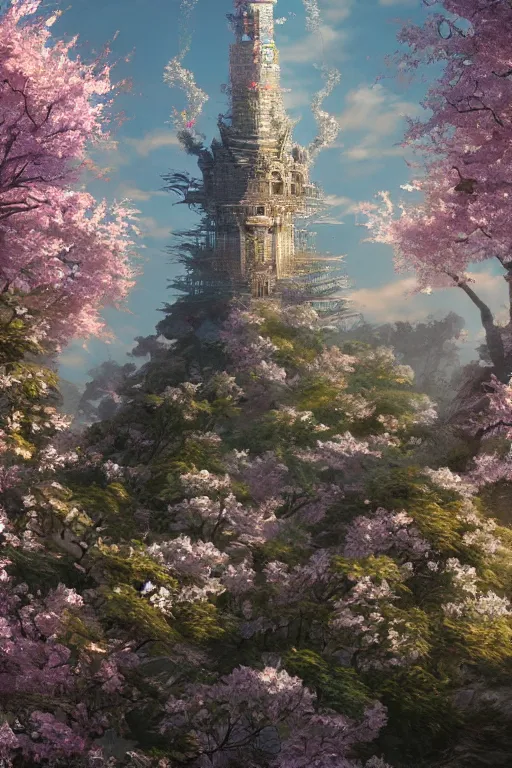 Prompt: hyperdetailed ancient wizard tower with sakura trees, cinematic highly detailed artstation hyperstylized illustrated by moebius and yoshitaka amano