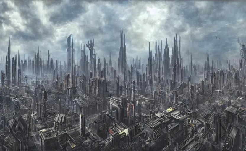 Prompt: a Dystopian gothic surrealism painting of a cyberpunk megalopolis extending up into the sky