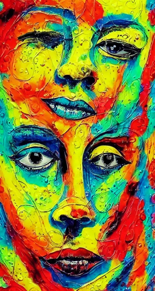 Prompt: intricate face with dots of paint melting in to a colorful painting made of gouache impasto