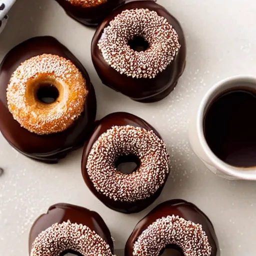 Prompt: beautiful hazelnut donut with chocolate glazing, on a cute plate with a cup of coffee