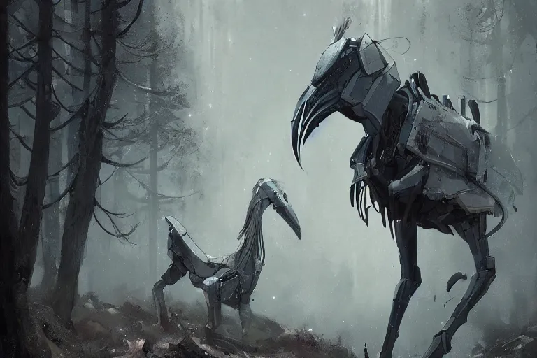 Image similar to cyborg horse merged with shoebill, digital art made by makoto shinkai, lois van baarle, greg rutkowski and jakub rebelka, highly detailed, symmetrical, extremely coherent, smooth, shaped focus, dystopian gray forest background, skull