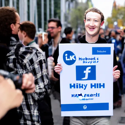 Image similar to Mark Zuckerberg holding a sign saying I'm A Human, highly detailed, high quality, HD, 4k, 8k, Canon 300mm, professional photographer, 40mp, lifelike, top-rated, award winning, realistic, sharp, no blur, edited, corrected, trending