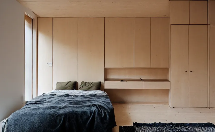 Image similar to interior of a compact bedroom in an apartment building, bed, ocher wall, cupboards, japanese design, swedish design, natural materials, minimalism, pine wood, earth colors, feng shui, white, beige, bright, windows with a view of a green park, modernist, 8 k
