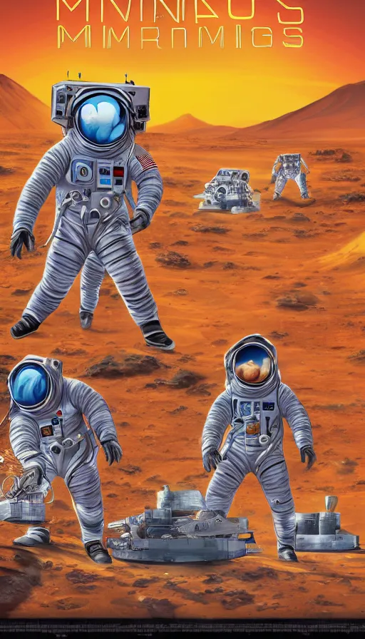 Prompt: movie poster of astronauts mining on mars, highly detailed, large text, bright colours, animated