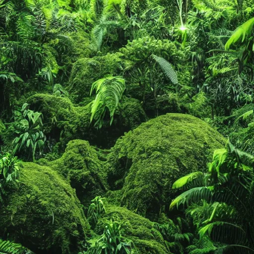 Image similar to ginormous single celled slime amoeba in a dense jungle made of giant trees and dense foliage