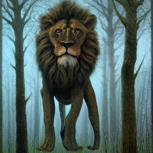 Prompt: painting of lion fused into trees by zdzislaw beksinski, by lewis jones, by mattias adolfsson, cold hue's, warm tone gradient background, concept art, beautiful composition, digital painting