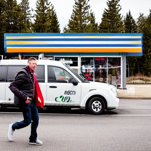 Prompt: Scott Morisson leaving Engadine McDonalds in a hurry, Canon EOS R3, f/1.4, ISO 200, 1/160s, 8K, RAW, unedited, symmetrical balance, in-frame