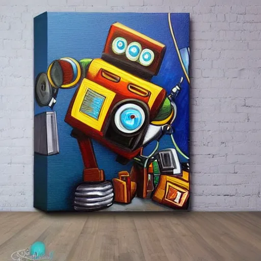 Prompt: funny robot painting a canvas, highly detailed, photorealism