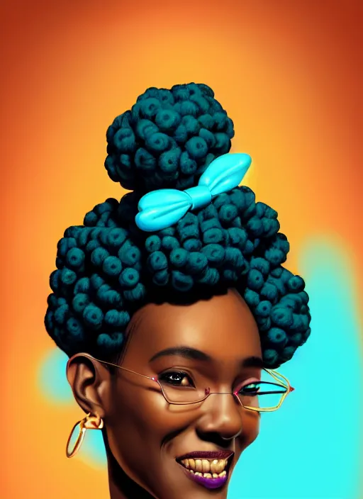 Prompt: portrait of shy black girl, realistic, bantu knots, pointy nose, lanky, smile, nerdy, defined jawline, big chin, teal hair bow, earrings, intricate, elegant, glowing lights, highly detailed, digital painting, artstation, sharp focus, illustration, complimentary colors, art by wlop, mars ravelo and greg rutkowski